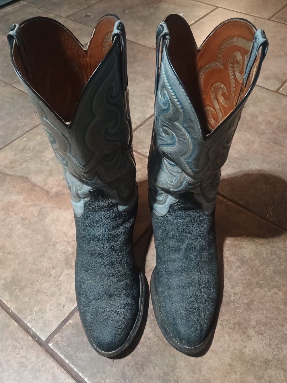 Vtg Lucchese San Antonio Genuine Cowboy Boots Black Blue Mens 12D Model No.3L812